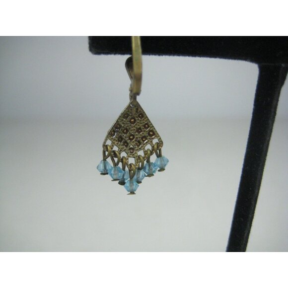 Vintage Blue Rhinestone Bead Dangle Earrings Chandelier Boho Victorian Style - Picture 7 of 7